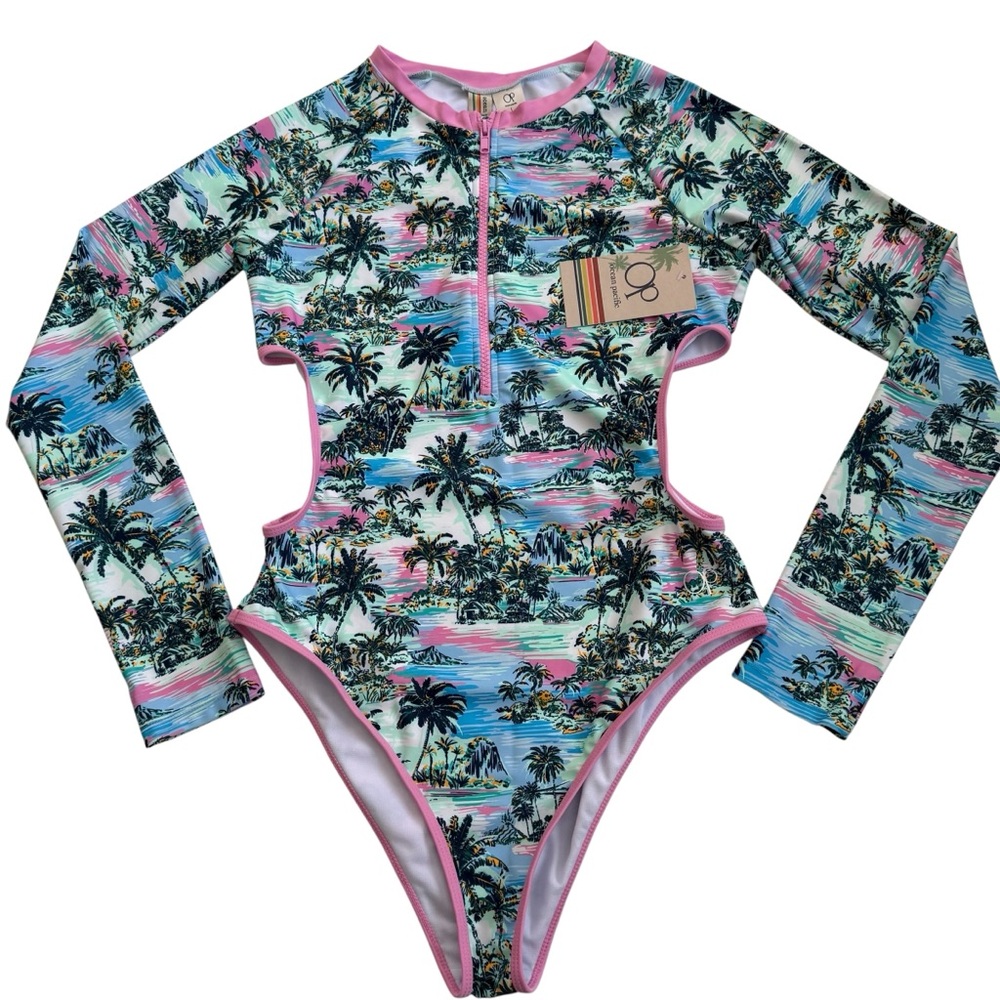 NWT OP Ocean Pacific Long Sleeve Swimsuit  Cut-Out Side Zip Tropical Palm Tree L
